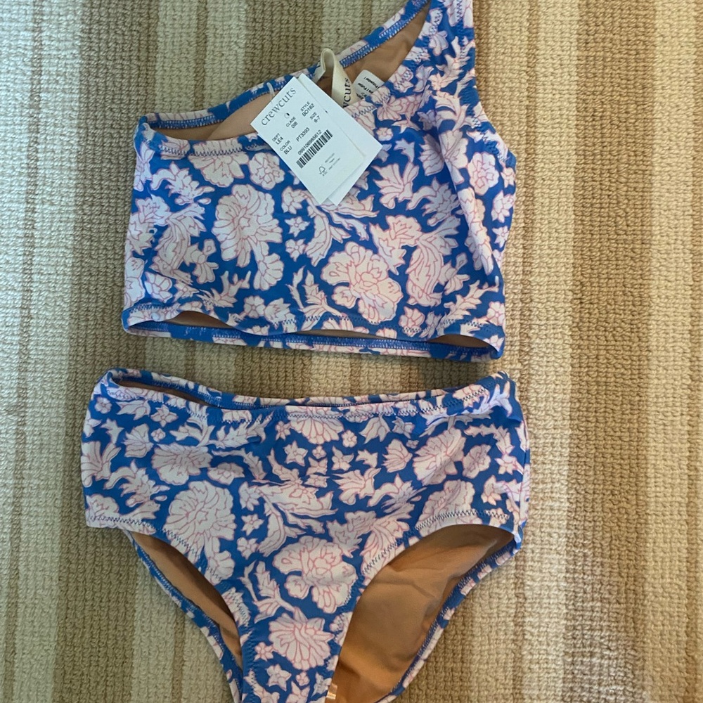 SZ Block prints X crew cuts one shoulder two-piece swimsuit in floral, size 6-7